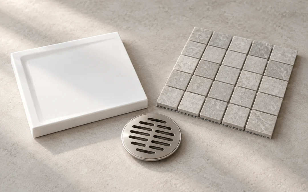 White acrylic sample, pale mosaic tiles and a stainless steel shower drain cover.