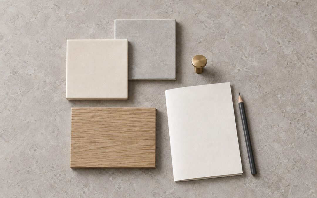 Bathroom tile, oak and brass finish samples beside blank paper and a pencil.
