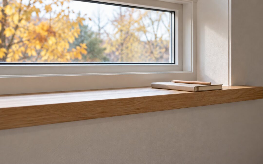 Notebook and pencil on a wooden window ledge with autumn foliage outside