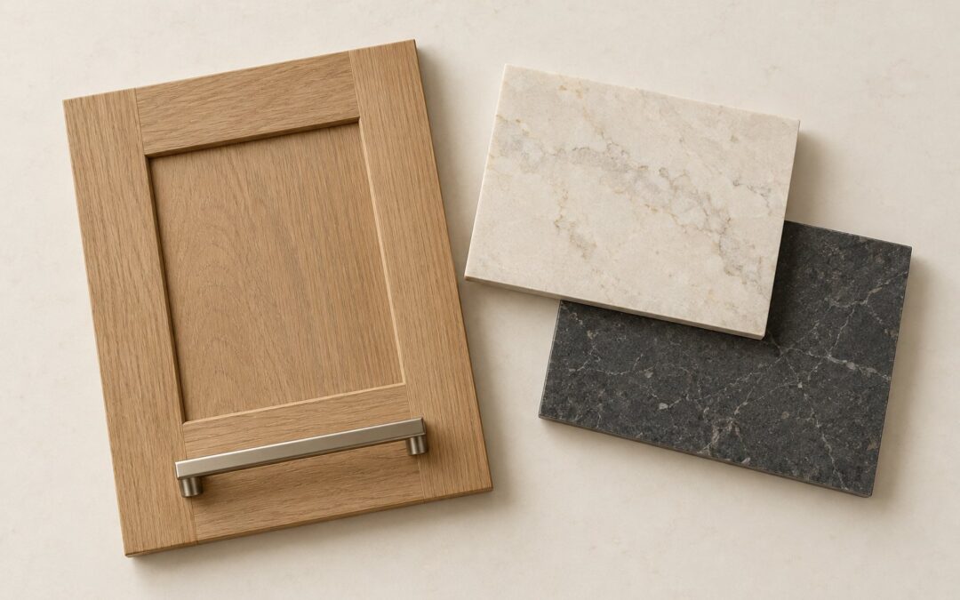 Oak cabinet-door sample beside pale and charcoal countertop samples.