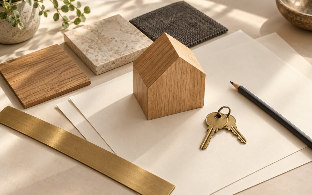 Wooden house model, keys and material samples arranged on blank planning sheets.