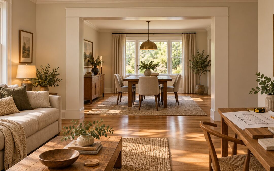 Living and dining rooms connected by a wide cased opening, with renovation plans and material samples on a side table