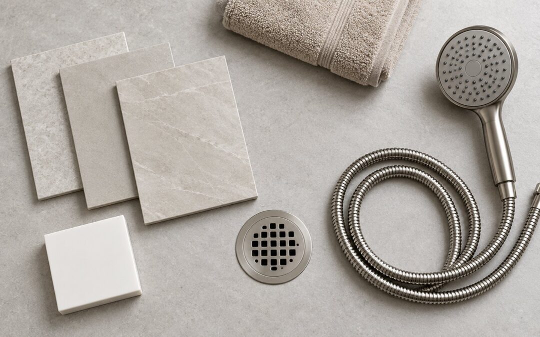 Neutral tile and white material samples beside a handheld showerhead, coiled hose and round drain grate.
