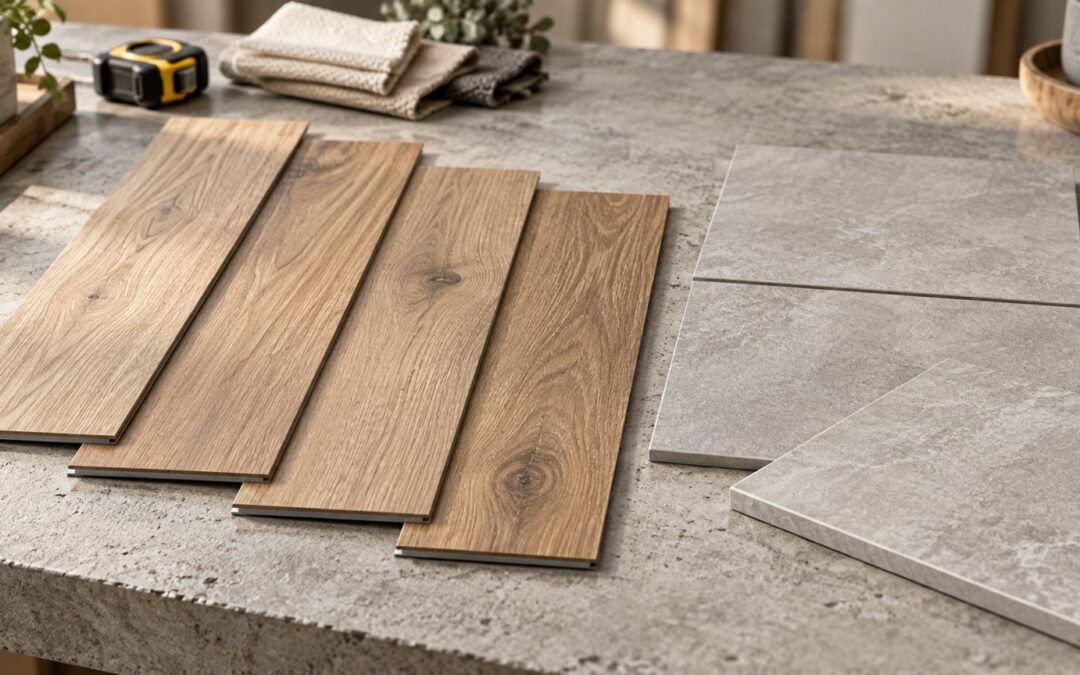 Oak-look vinyl plank and light-grey porcelain tile samples arranged on a concrete workbench