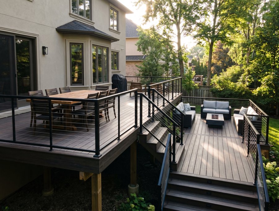 Glass panel railing installation on a multi-level deck — Niagara Region
