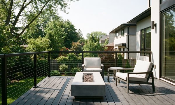 Modern deck with fire table and cable railing
