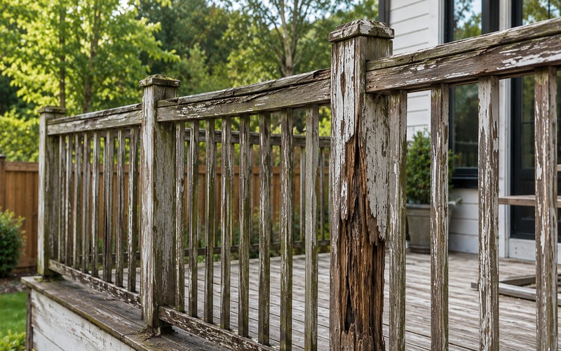 Old deteriorating wood railing before replacement
